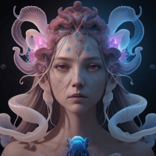 AI generated: Goddess close-up portrait ribcagel. jellyfish phoenix head, nautilus, orchid, skull, betta fish, bio...