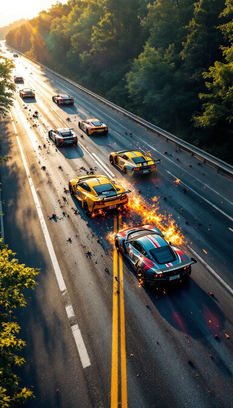 AI generated: Summer.      ACCIDENT on the highway! 2 racing cars have collided and are standing on the edge of th...