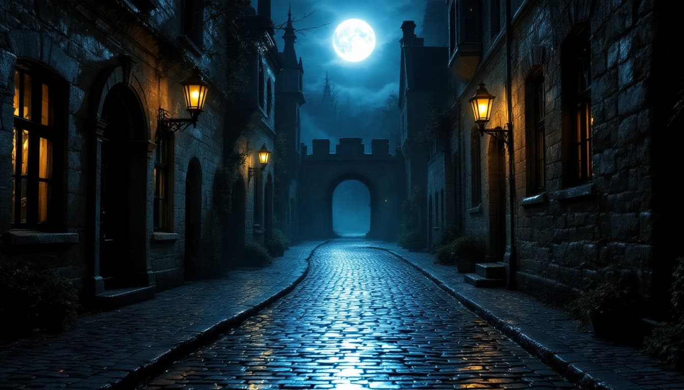 AI generated: a hauntingly beautiful nighttime scene of a cobblestone street, illuminated by the soft glow of a fu...