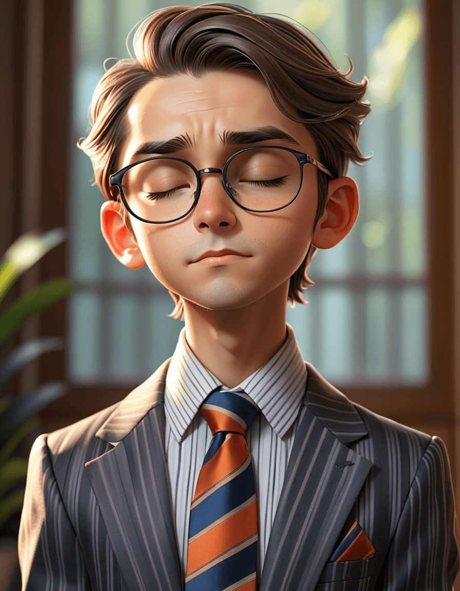 AI generated: solo, 1boy, closed eyes,, male focus, necktie, glasses, striped, formal, suit, striped necktie, hair...