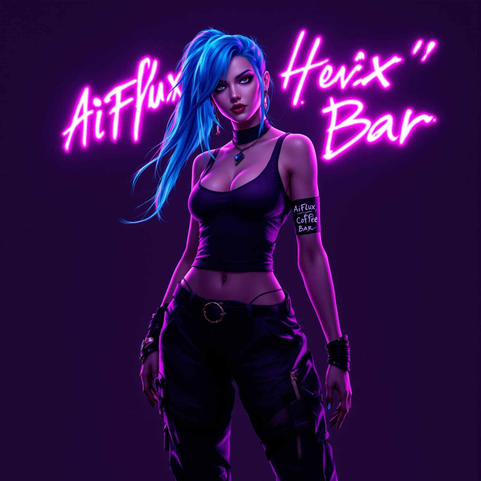 AI generated: A full-body shot of Jinx from League of Legends with blue hair, wearing a black tank top and pants. ...