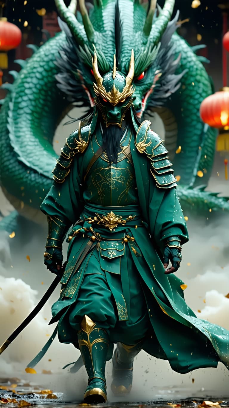 AI generated: 3D render hyper-realism, Ray tracing, unreal engine 5. A fierce warrior clad in dragon-like ornate j...