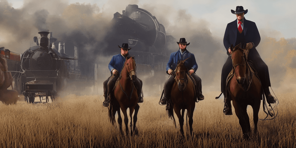 AI generated: Donald Trump from Red Dead Redemption 2 riding a horse next to a train, wide shot, ray tracing, 8k b...