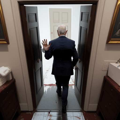 AI generated: Photo of a ultra realistict the back of Biden walking away waving his right hand going through an op...