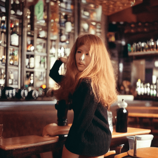 AI generated: At a bar there's a pretty lady sitting wearing a black sweater and a checkered mini skirt, volumetri...