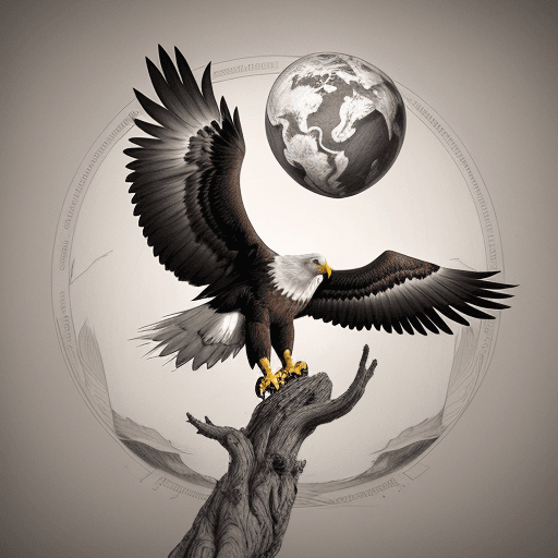 AI generated: A pencil drawing of an eagle carrying the world in the air, background of desert and trees, complete...