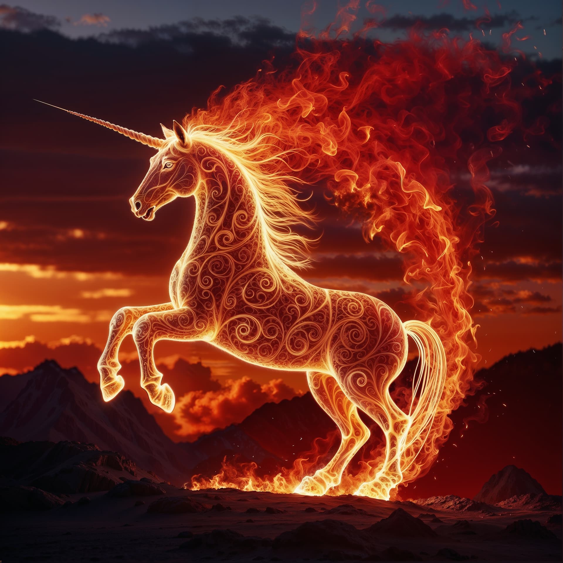 AI generated: A mesmerizing (Unicorn-Horse) crafted from swirling fire and lava, adorned with enchanted swirls, Th...