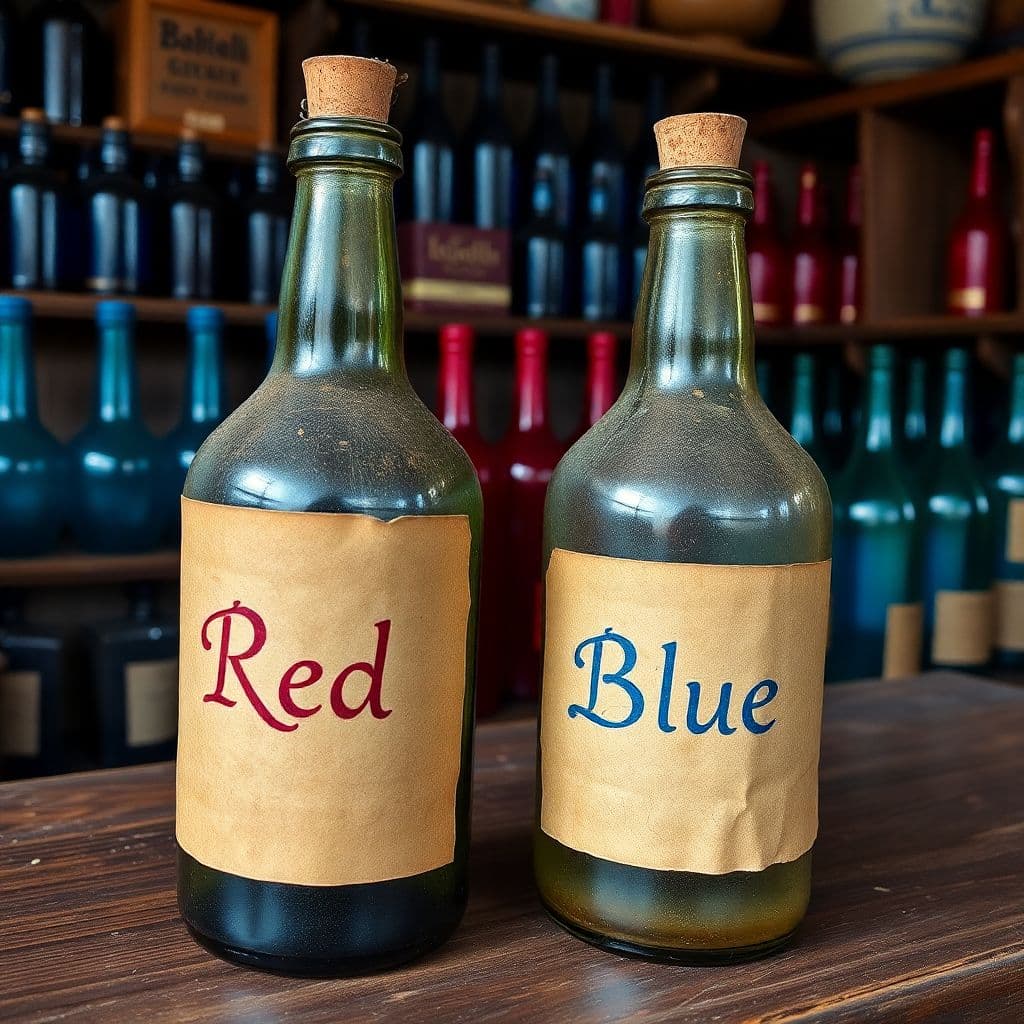 AI generated: An old-fashioned bottle with a plain old dirty looking and aged paper label that says "Red" in an ol...