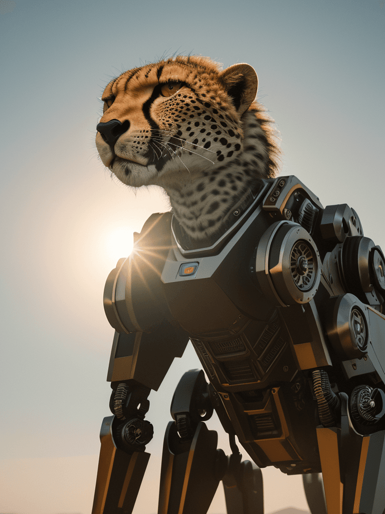 AI generated: Photo of a robotic cheetah, dramatic light, pale sunrise, cinematic lighting, battered, low angle, t...