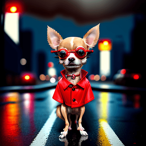 AI generated: Chihuahua dog, red, one eye blue, the other brown, wearing a virtual glasses , and a cool shirt, sta...