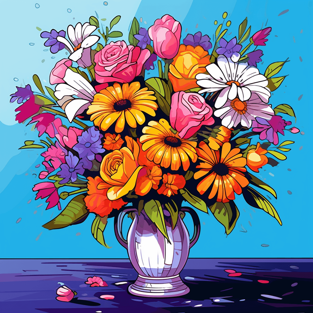 AI generated: Vibrant still-life vector, showcase the vibrant colors of a bouquet of flowers, by Bill Watterson, w...