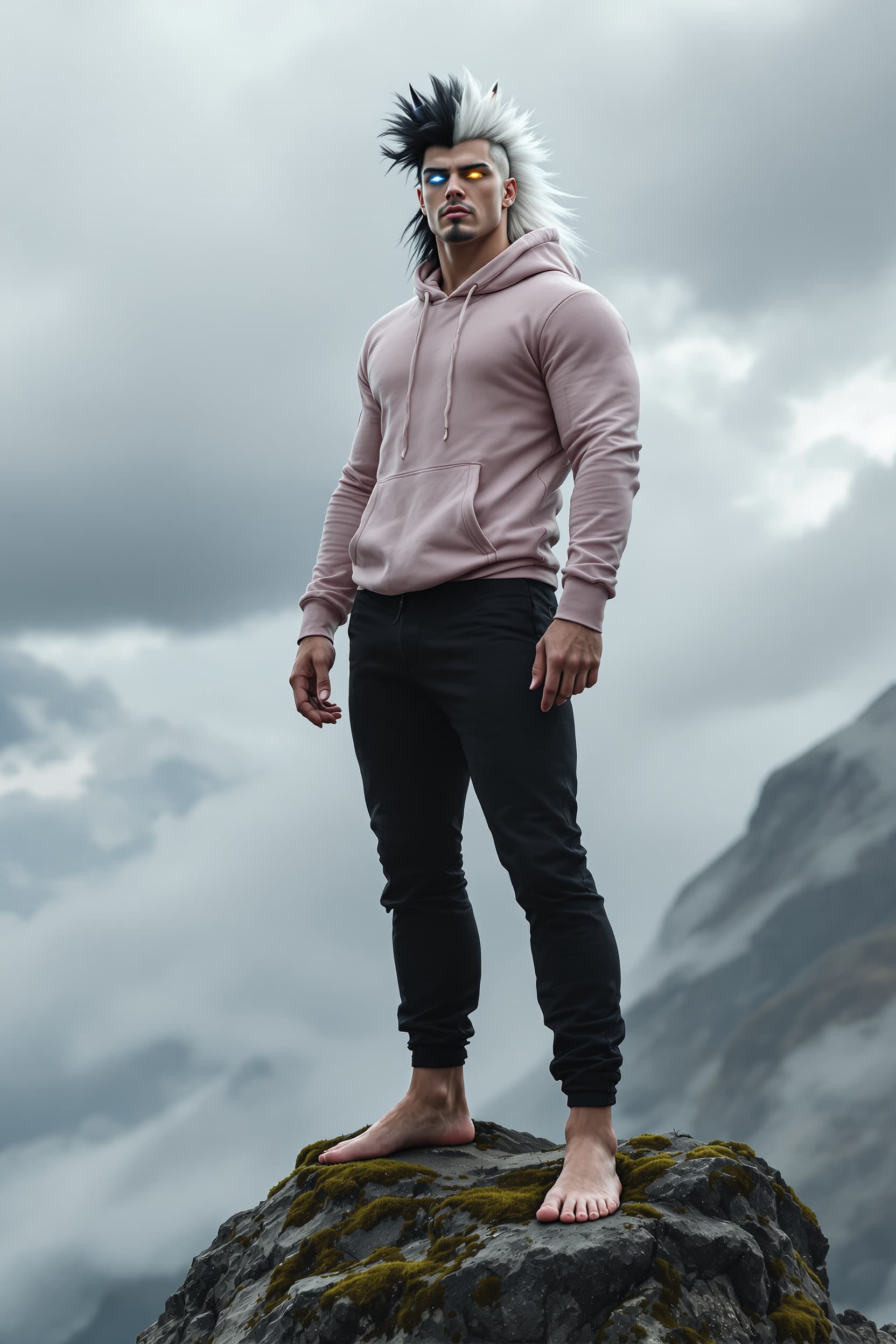 AI generated: A tall muscular but lean man with hair in the style of a Mohawk Mullet and colored black at the base...