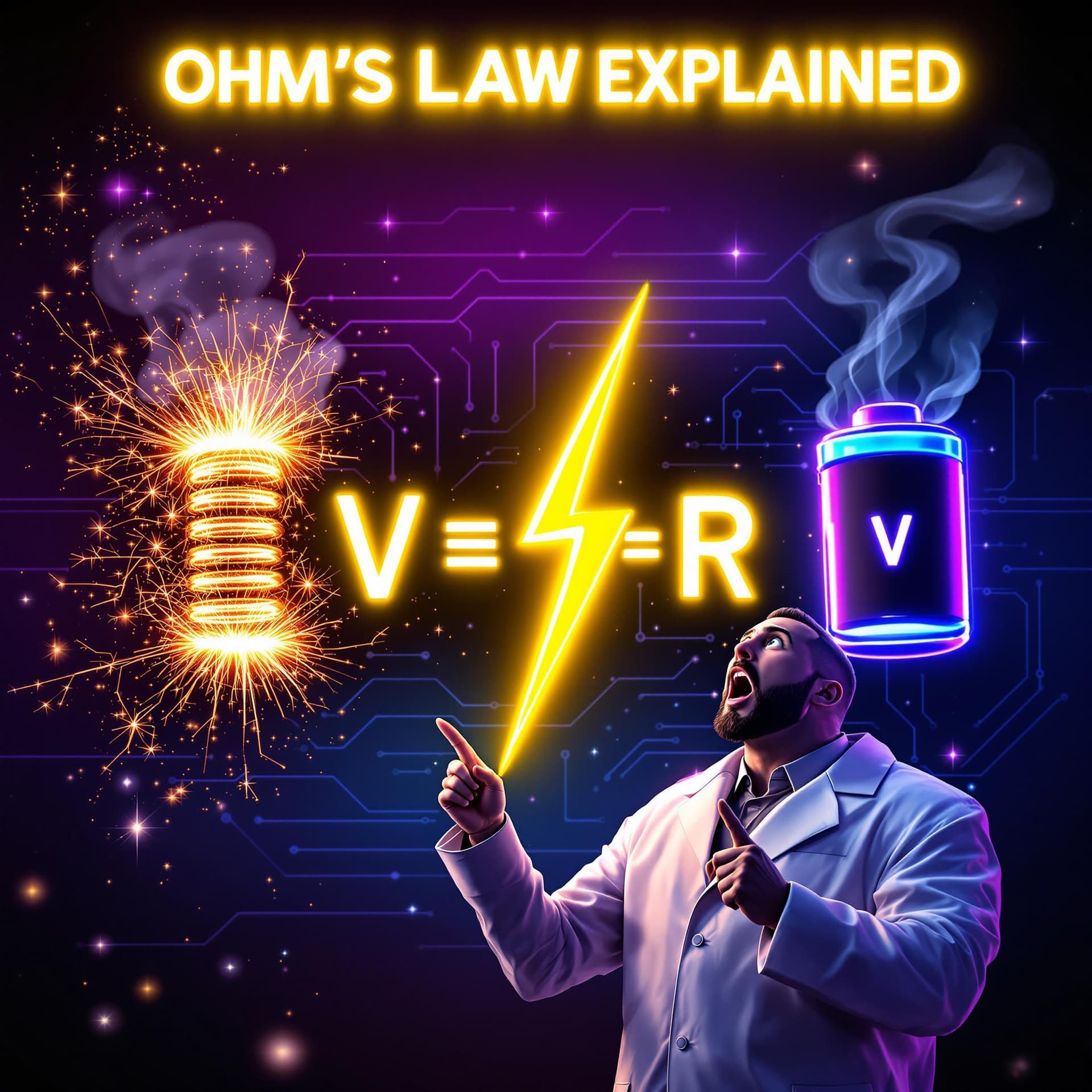 AI generated: Ultra-detailed MrBeast-style YouTube thumbnail, explaining Ohm's Law, shocked young male YouTuber in...