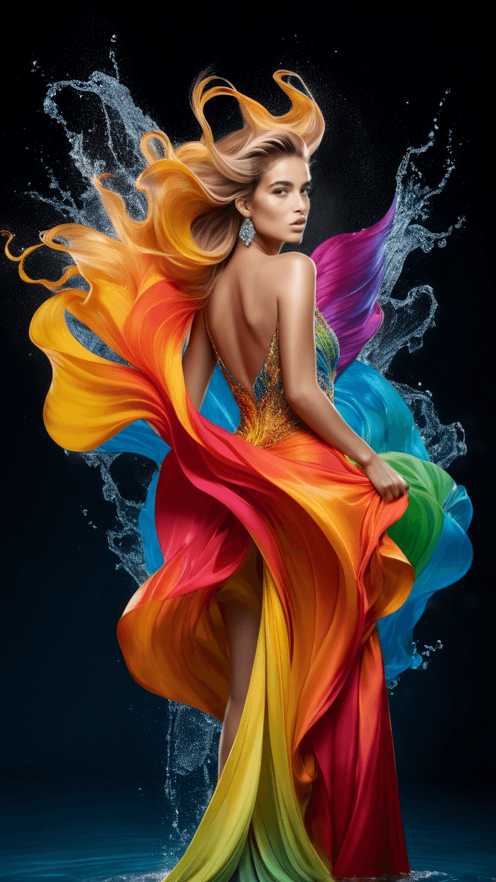 AI generated: 
In an elegant and dynamic pose, a woman gazes over her shoulder with confidence. Her flowing blond...