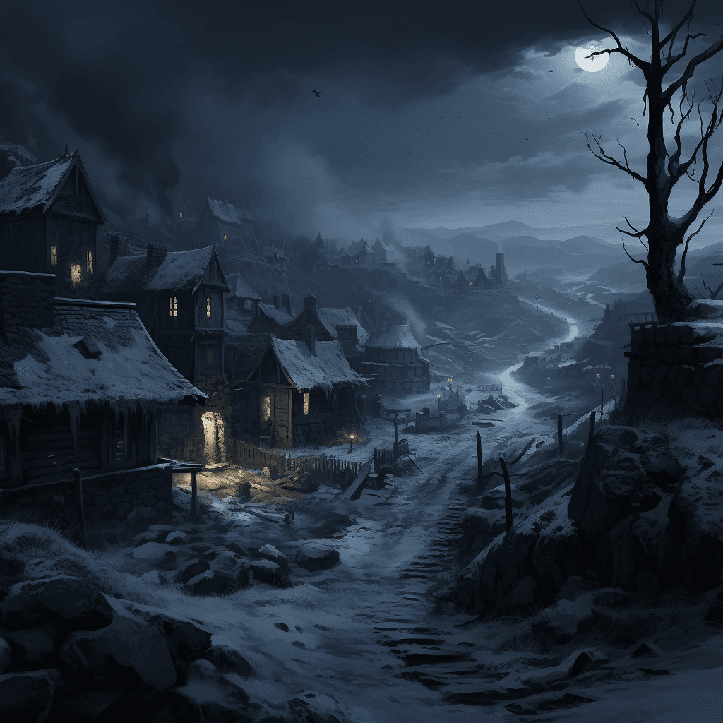 AI generated: the abandoned village of emekadokonet in the snow and dark, in the style of oliver wetter, esoteric ...