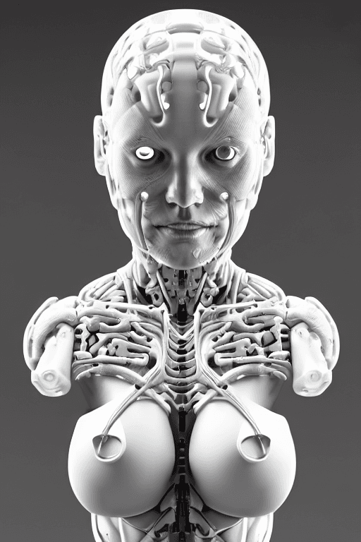 AI generated: cyborg woman| with a visible detailed brain| muscles cable wires| biopunk| cybernetic| cyberpunk| wh...