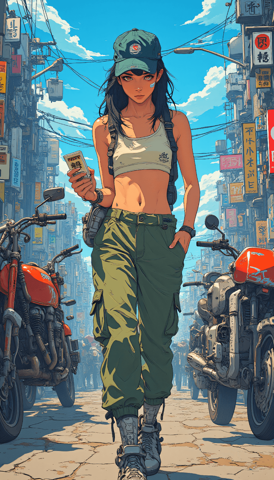 AI generated: anime artwork A dystopian water courier counts her ration cards in a marketplace, her utilitarian cr...