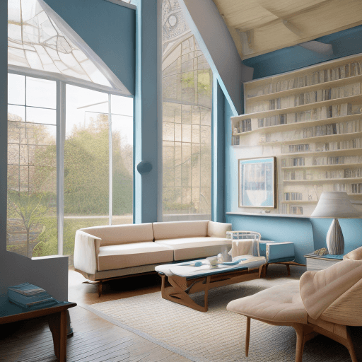 AI generated: High resolution photography interior design, dreamy sunken living room conversation pit, wooden floo...