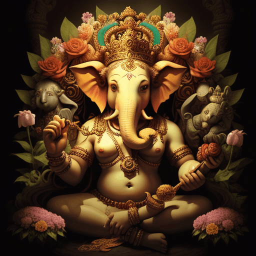 AI generated: portrait of Lord Ganesha in the underworld, surrounded by flowers king, genie, tom, rococo, contempo...