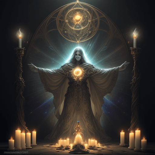 AI generated: light god, surrounded by light, symmetrical, ornated, worshipping, art nouveau, volumetric lighting,...