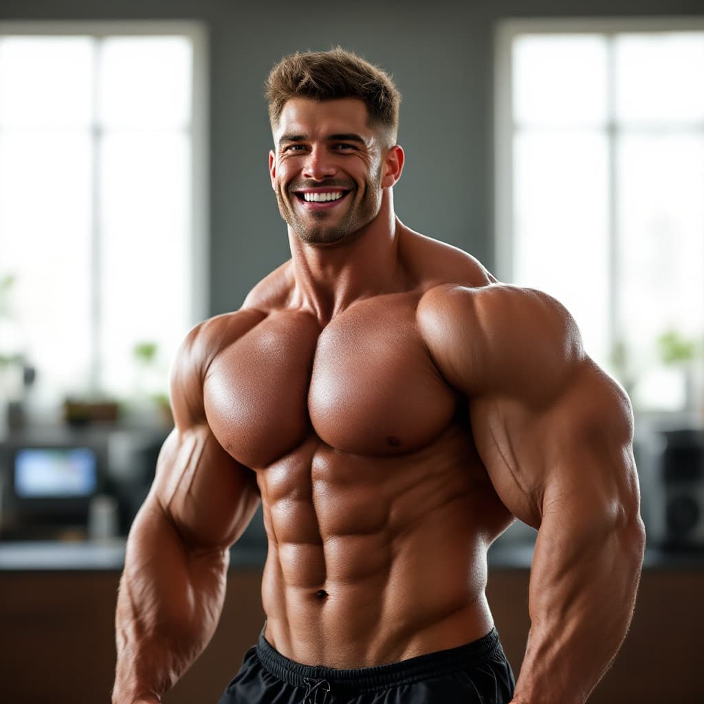 AI generated: College jock, huge erect dick, masturbating, smiling, 
