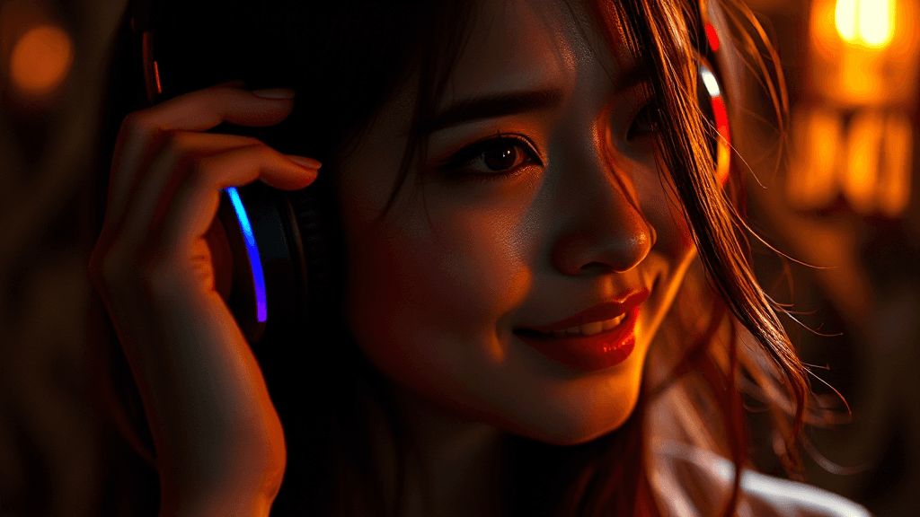 AI generated: Photorealistic photography of a stunning Asian beauty, close-up, wearing headphones, dancing, mouth ...