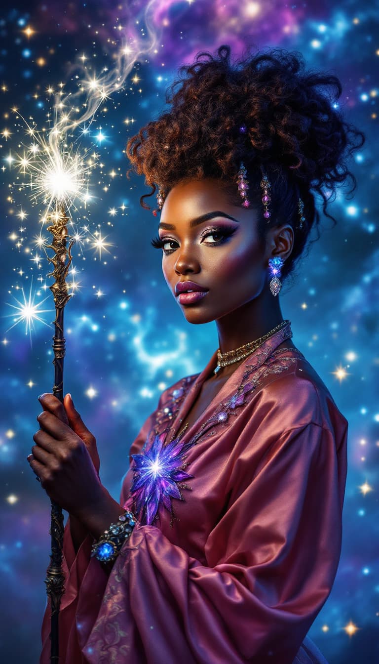 AI generated: "Nebula Weaver with Whimsical Grace": A vibrant image captures a stunning woman with an enchanting a...