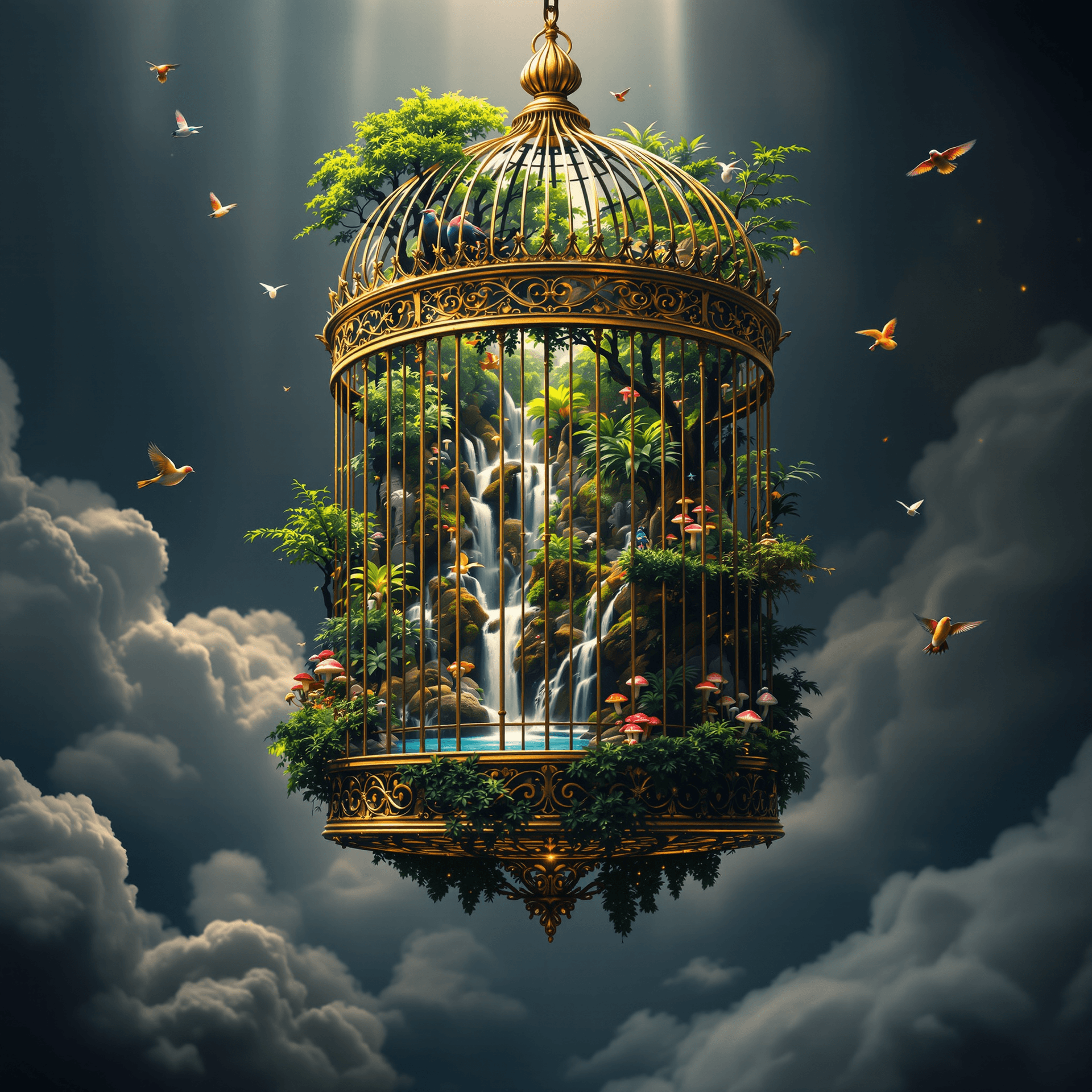 AI generated: A surreal, high-detail masterpiece depicting a large ornate birdcage suspended in midair within a dr...