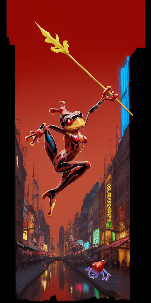 AI generated: (4k 4d rfktrstyle Tiny Red Frog person two feet tall, With an agile and leaping nature, Scarlet Hopp...