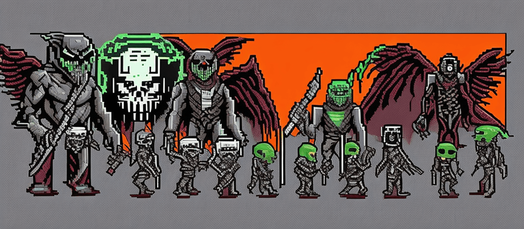 AI generated:   Death Angels + The Alien + Werewolf+ pixel art banner + pixel art style + cover art style + ilustr...