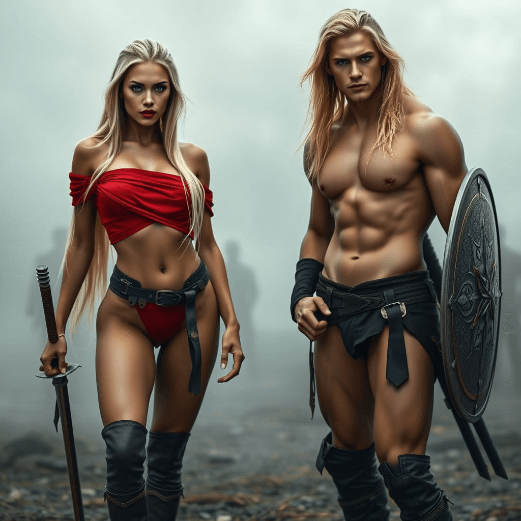 AI generated:  Hyper realistic picture of 2 stunning thin people, long legs, dressed as warriors, model's body fac...