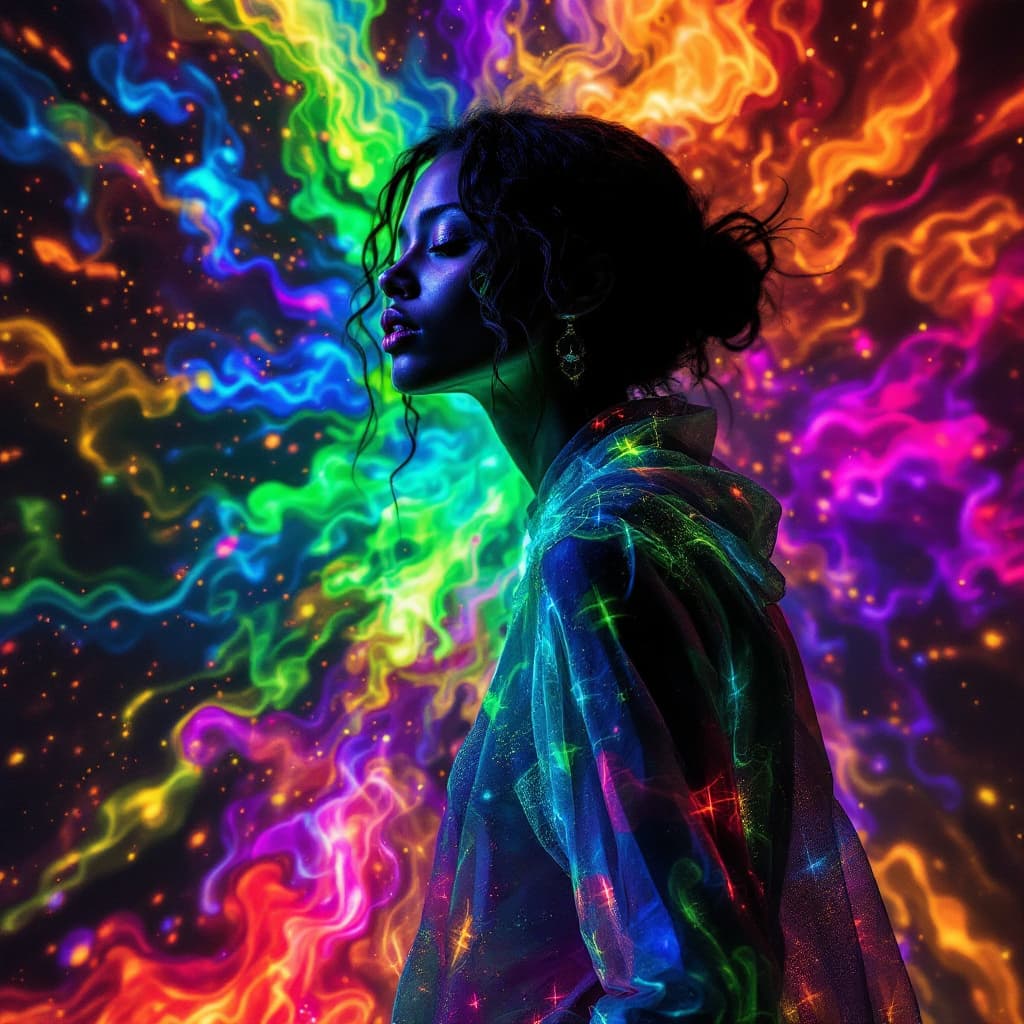 AI generated: A visionary color shifter, wearing clothing that seems to absorb and reflect the very colors of the ...