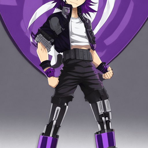 AI generated: Kohei Horikoshi, purple hair boy slight longish hair legit hair, my hero academia, right fake leg ro...