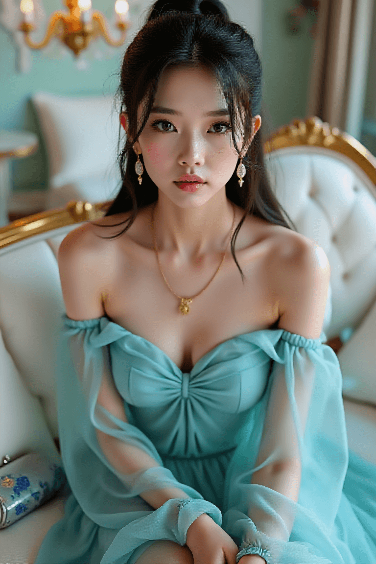 AI generated: The image is a portrait of a young woman with long dark hair styled in a half-up, half-down ponytail...