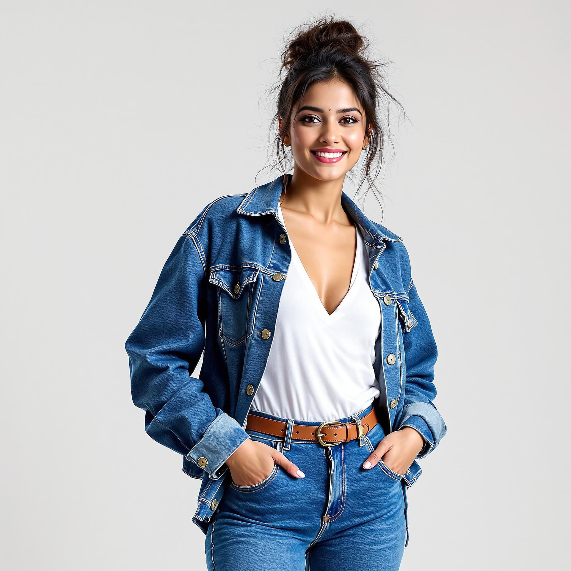 AI generated: A young Beautiful Indian woman in a casual and confident pose, standing slightly angled to her left ...
