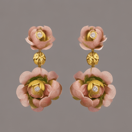 AI generated: a light pink peony, with a lime green stem with some leaves, and on the stem hanging two earrings wi...