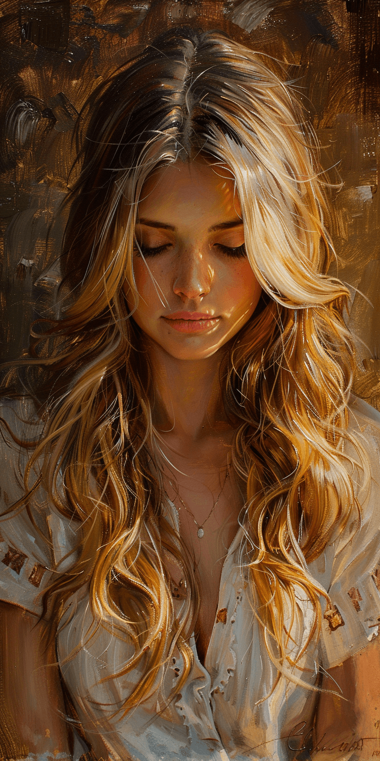 AI generated: impressionist painting of a beautiful woman with long hair, soft lighting, and warm tones, in the st...