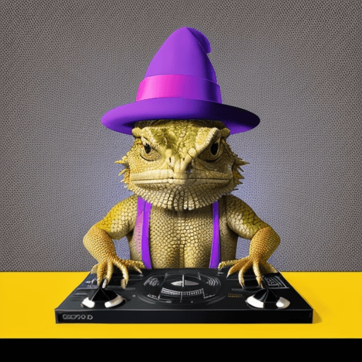 AI generated:  a bearded dragon as a dj, party icon with a cool hat