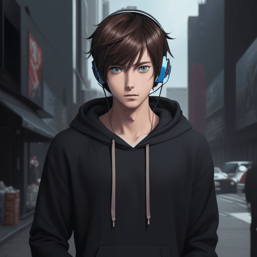 AI generated: Anime guy, young man, dark brown hair, blue eyes, fair complexion, hot, cute, wearing hoodie, wearin...