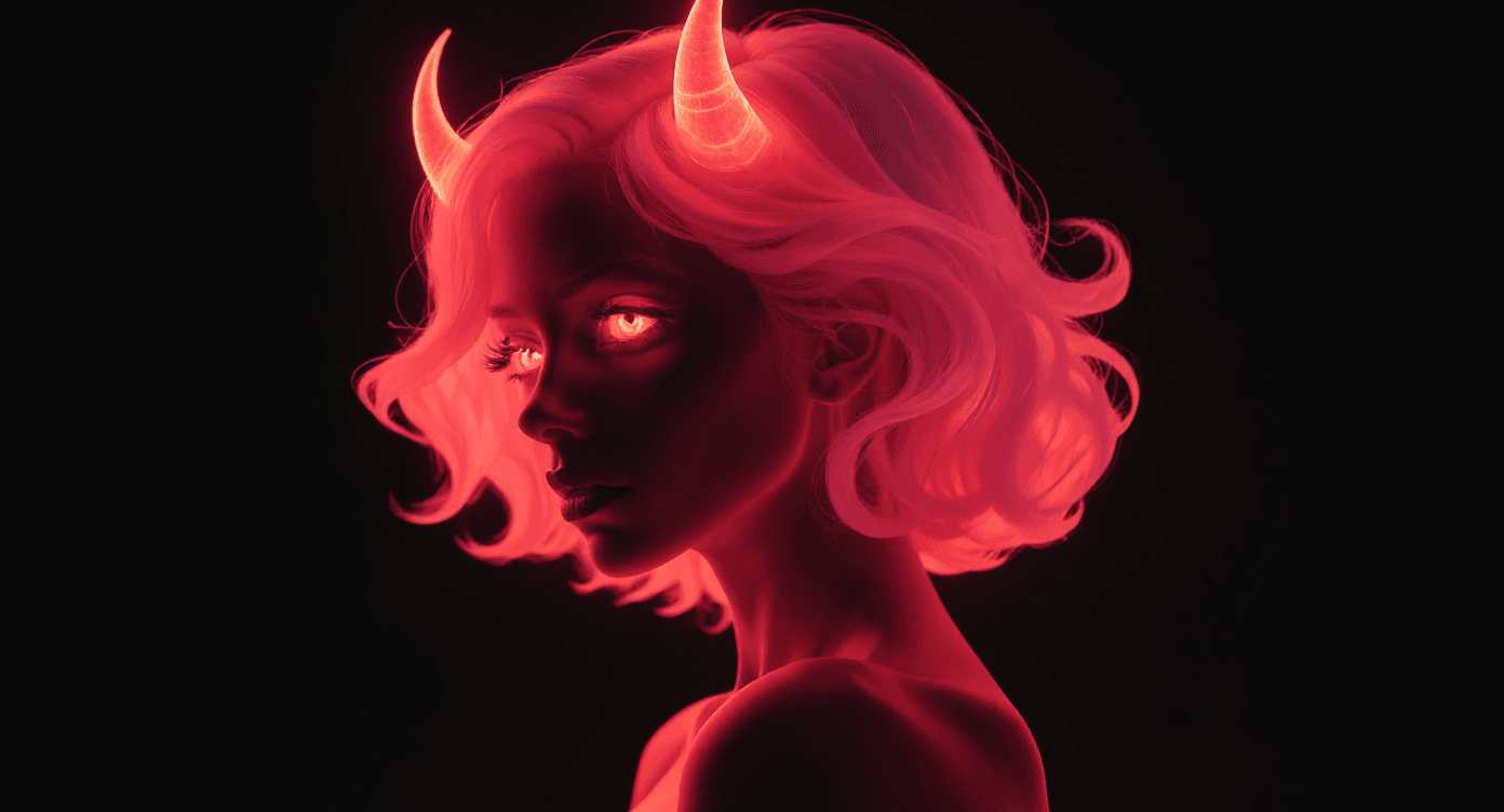 AI generated: glowing pastel red phosphoresence evil woman,instagram model,red glowing horns,simple silhouette, bl...