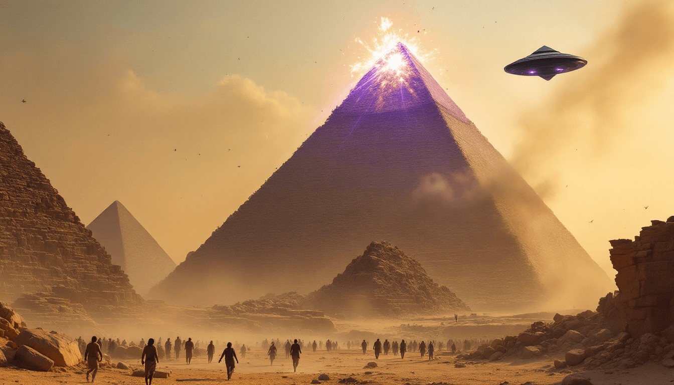 AI generated: An (8K) (photorealistic) (masterpiece) image of a thin, triangle, black UFO shooting purple lasers a...