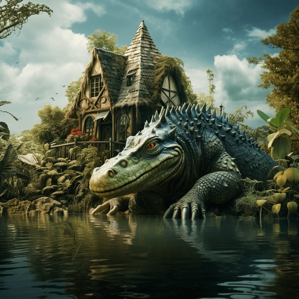 AI generated: giant green lizard in front of a wooden house, crystal clear lagoon, strange vegetation on the shore...