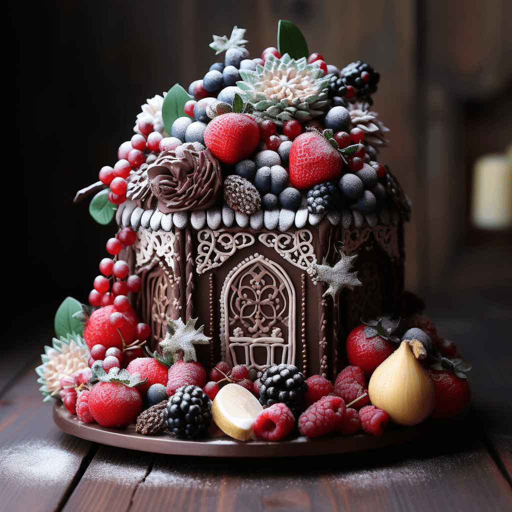 AI generated: a christmas gingerbread house, chocolate icing, frosting, fruits