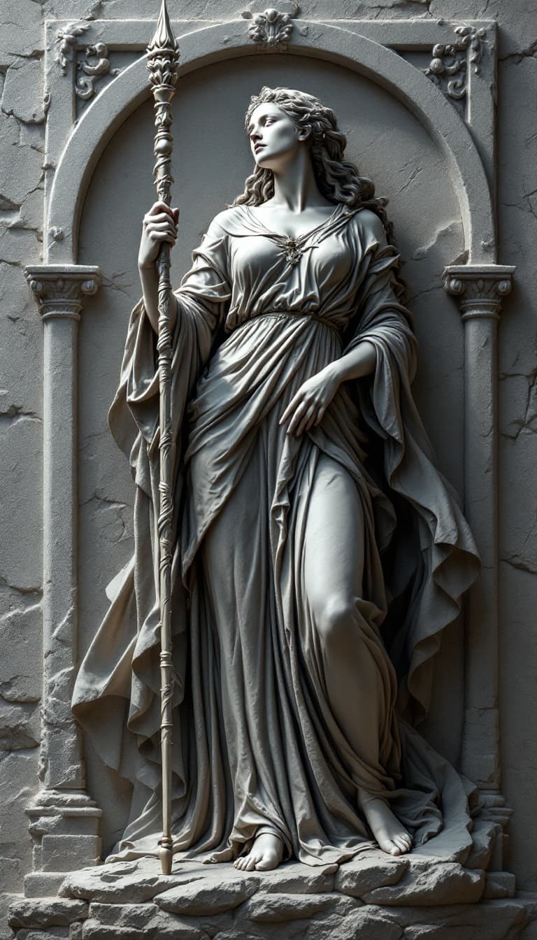 AI generated: Sculptural Relief, 3D Textures, Deep Shadows, Imposing, Woman Holding a Scepter Commanding, Strong S...
