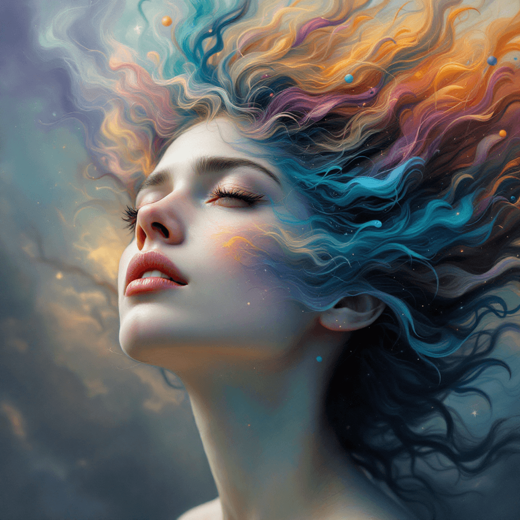 AI generated: A surreal, photorealistic portrait of a woman in a fantasy setting. Her face is a canvas of shifting...
