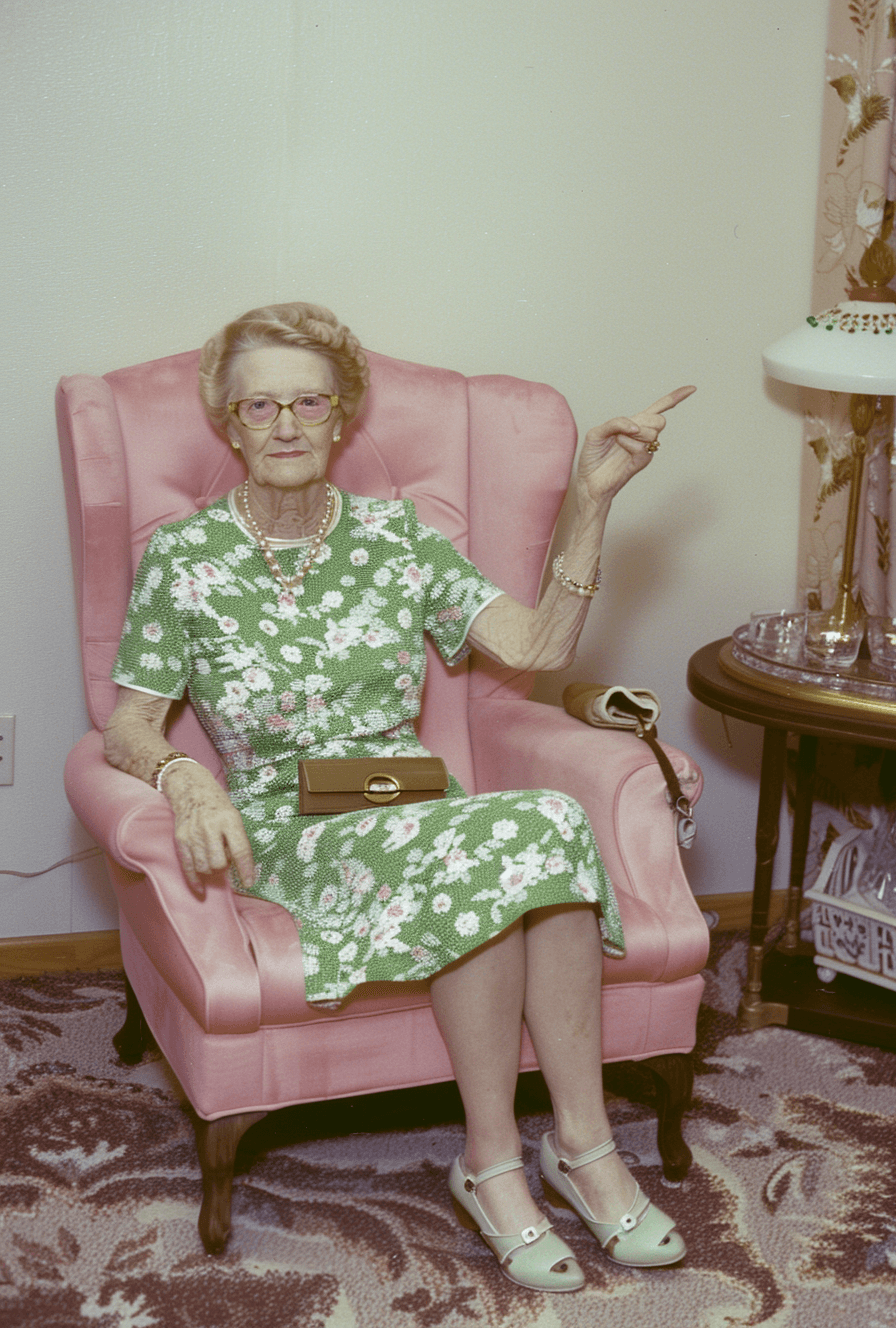 AI generated: A photo of an older woman sitting in the pink chair, wearing green and white knitted dress with flow...