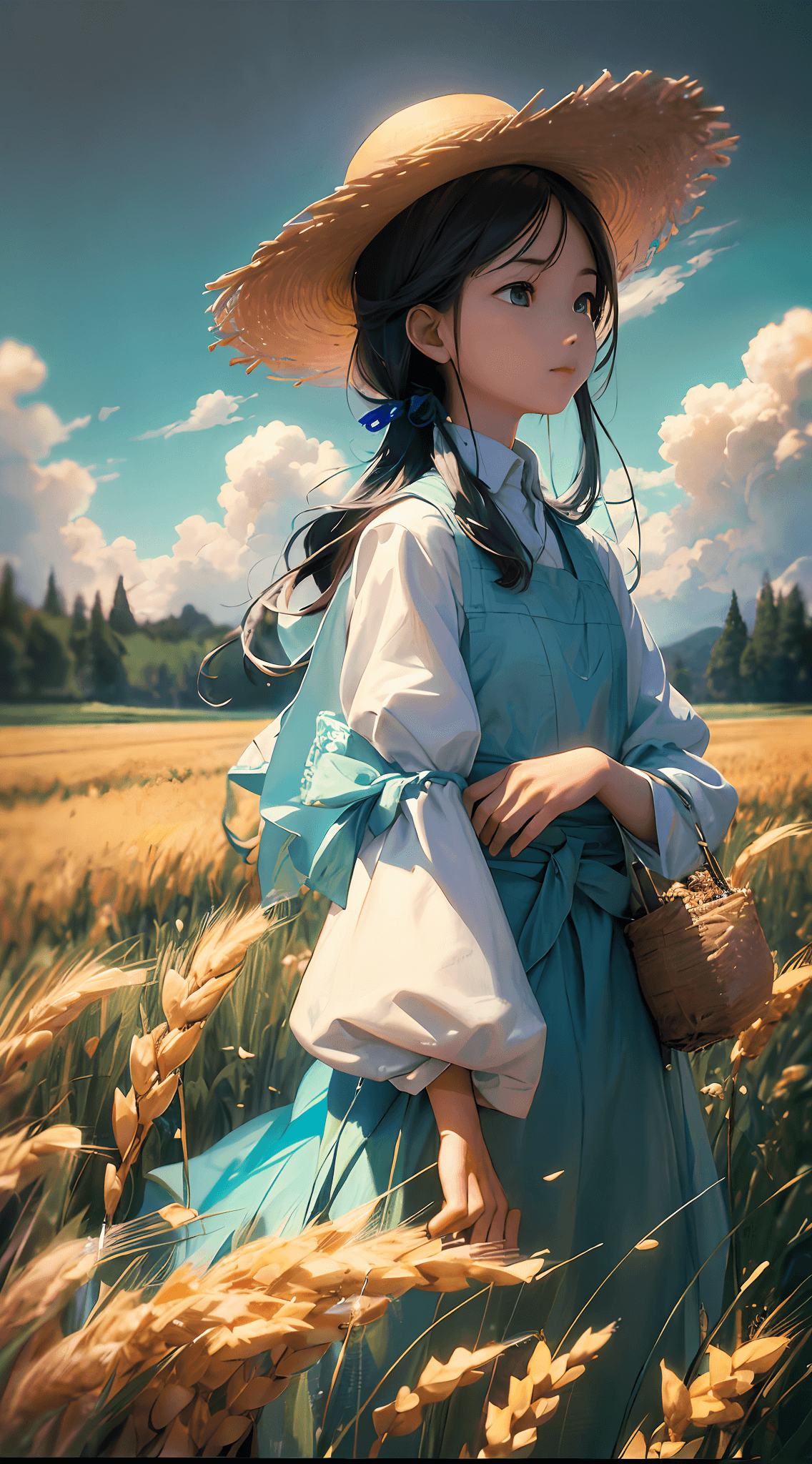 AI generated: Wheat field, a farmer uncle with a straw hat standing in a wheat field, big clouds, blue sky, rice f...