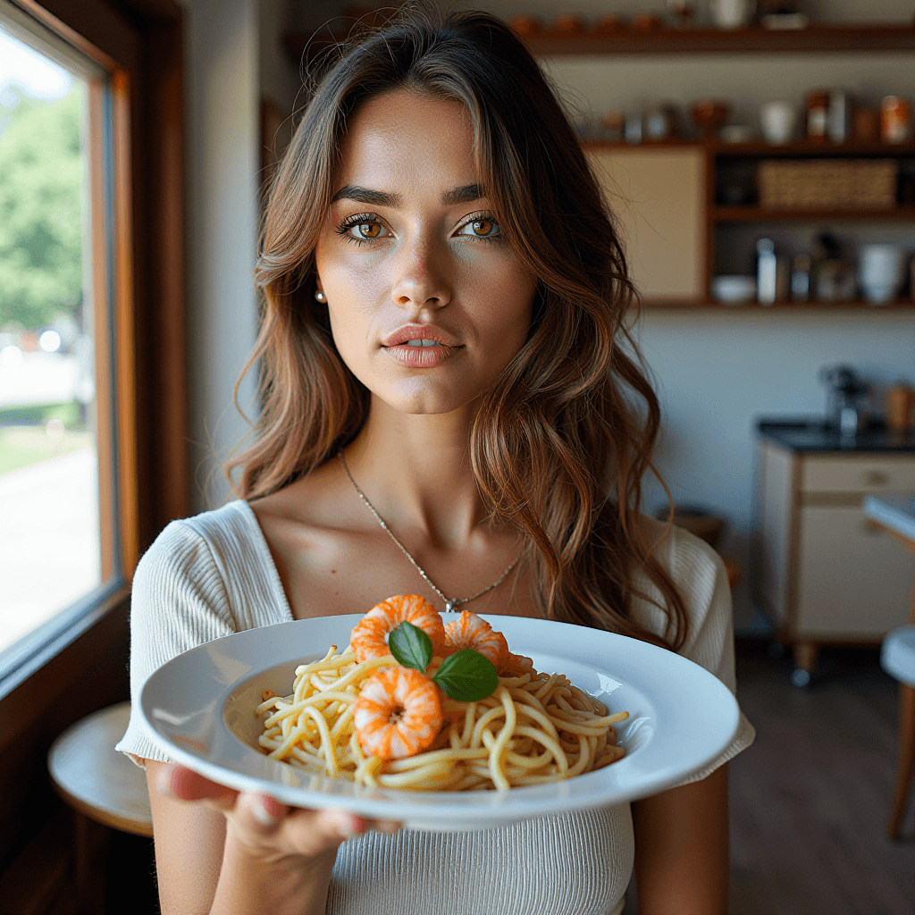 AI generated: Photo of a young woman with long, wavy brown hair and fair skin, holding a plate of spaghetti with s...