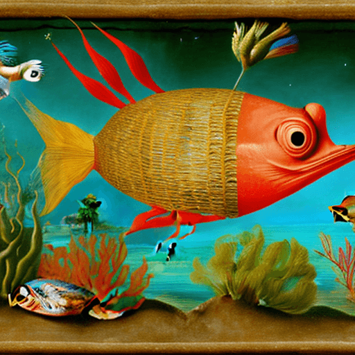 AI generated: an 8k image in the style of Jan van Eyck of a fish that is part bird and of a bird that is part fish...