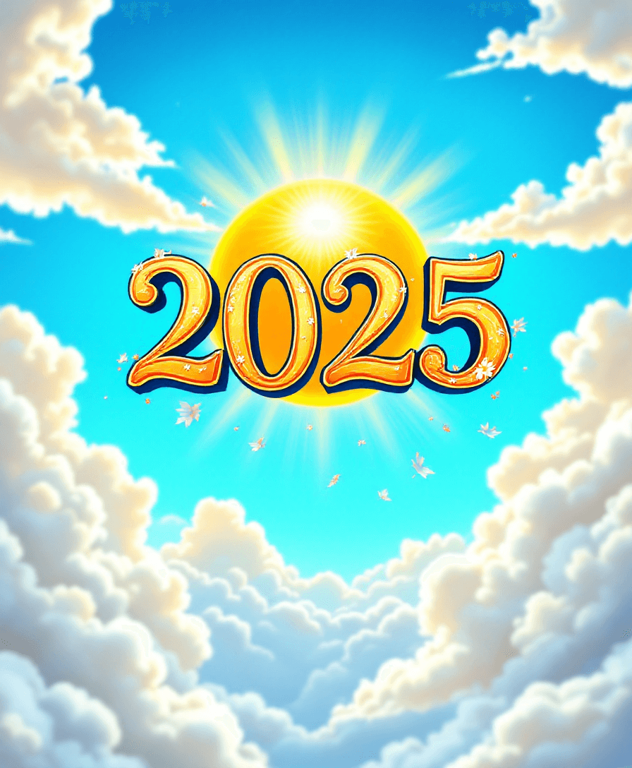 AI generated: The date in a beautiful font, against a sunny sky and sun,2025


